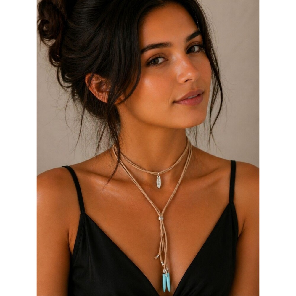 Plunder Design Leather Necklace With Faux Turquoise Pendants - NIP